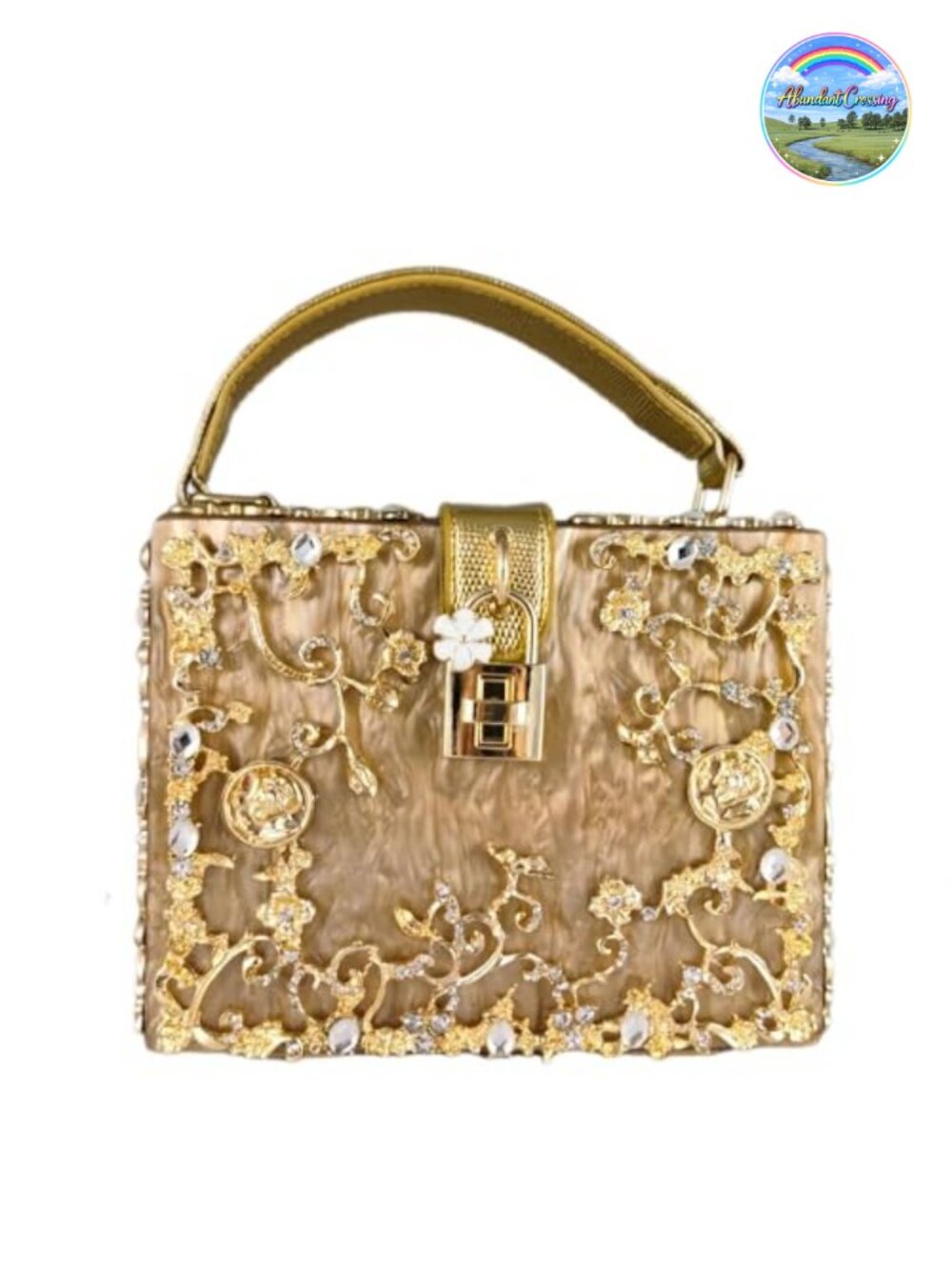 Acrylic Rhinestone Evening Box Handbag with Flower Applique and Detachable